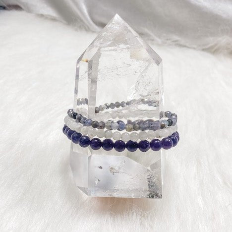 Journey to Full Bloom: Lepidolite, Iolite, and Moonstone Crystal Energy Bracelet Stack - Say Bloom